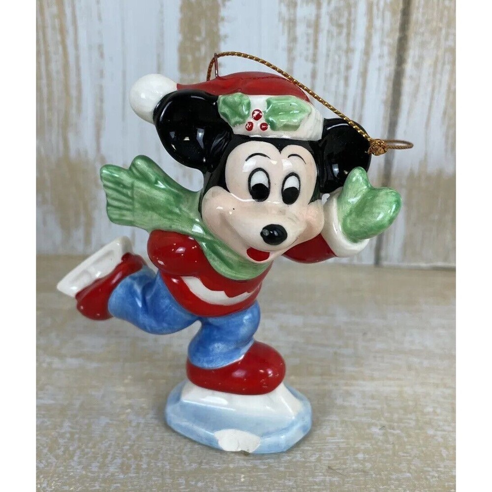 Vintage Disney Mickey Mouse Ice Skating Ornament Christmas Ceramic Japan *Chip